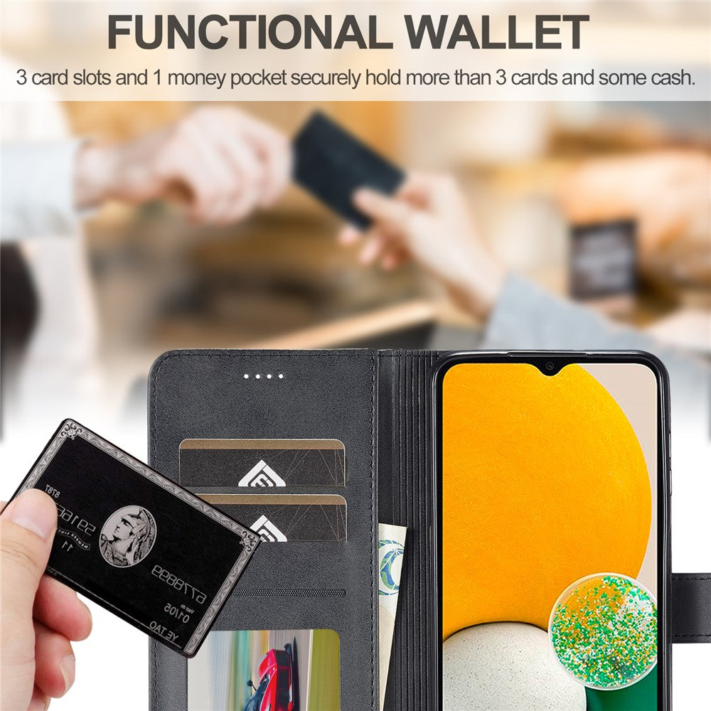 LC.IMEEKE For Samsung Galaxy A24 4G (162.1 x 77.6 x 8.3mm) Calf Texture Leather Phone Case Wallet Stand Mobile Phone Cover