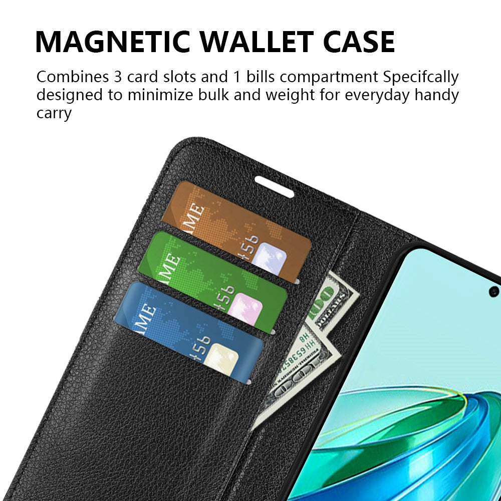For Honor X9a 5G Leather Phone Case Stand Wallet Litchi Texture Full Protection Phone Cover