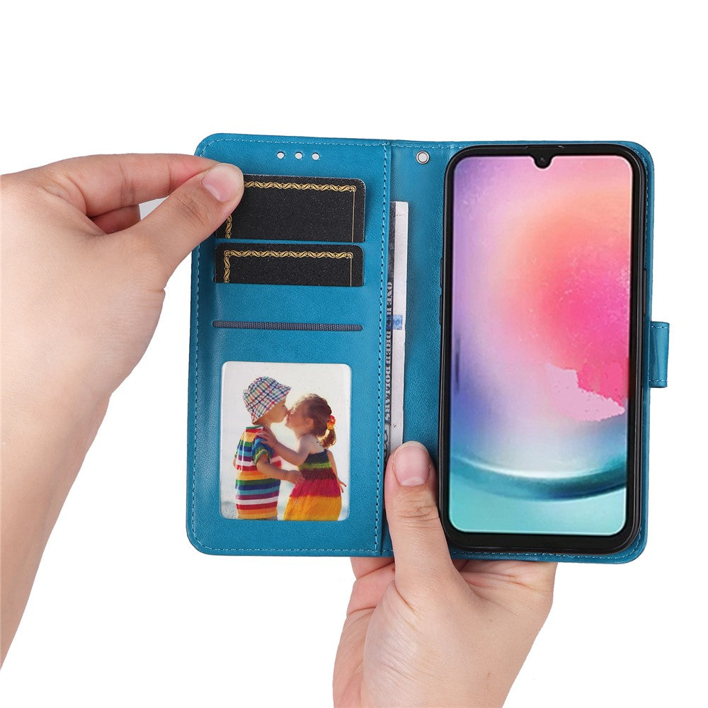 Leather Phone Case for Samsung Galaxy A24 4G (162.1 x 77.6 x 8.3mm) , Stand Wallet Sunflower Imprinted Cover with Hand Strap
