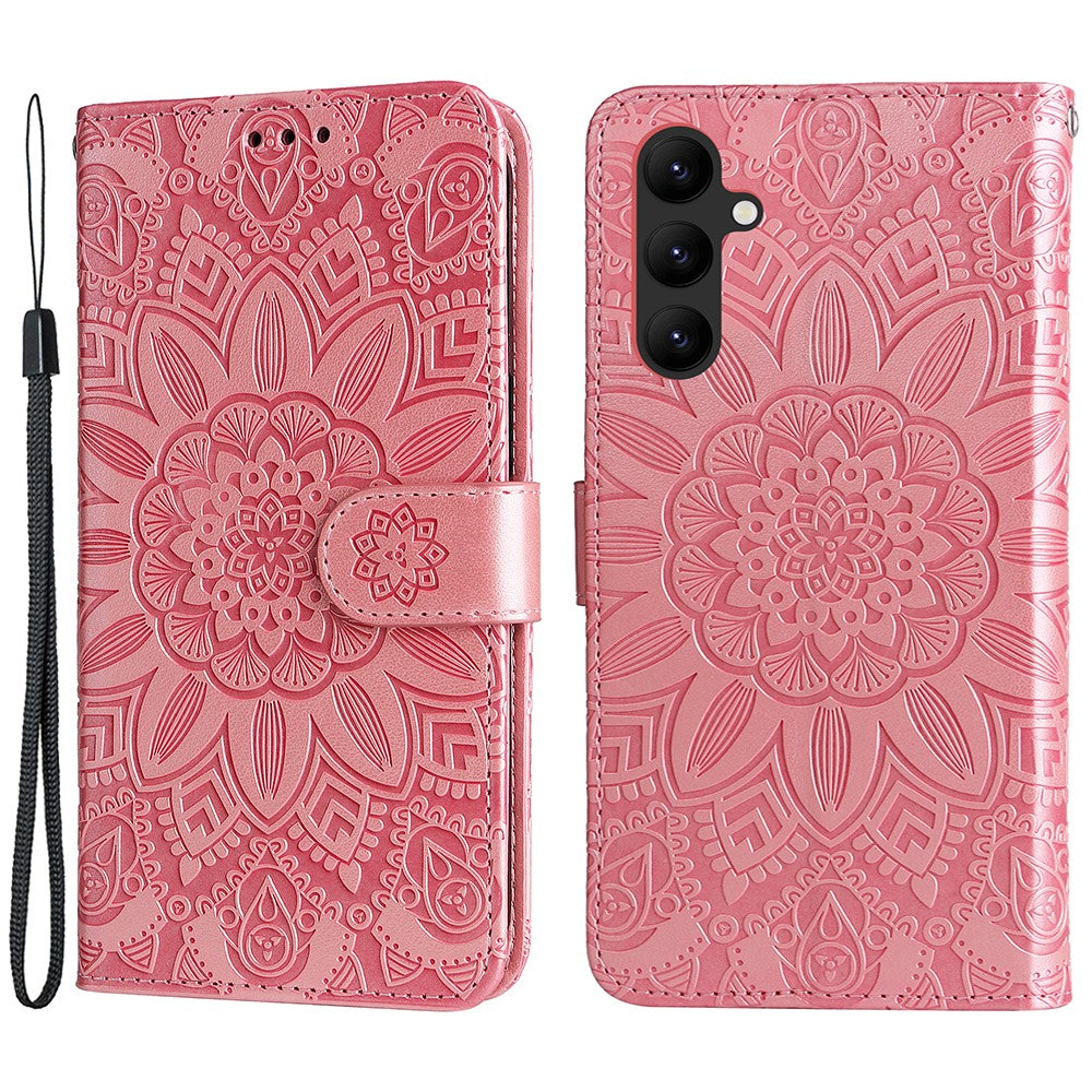 Leather Phone Case for Samsung Galaxy A24 4G (162.1 x 77.6 x 8.3mm) , Stand Wallet Sunflower Imprinted Cover with Hand Strap