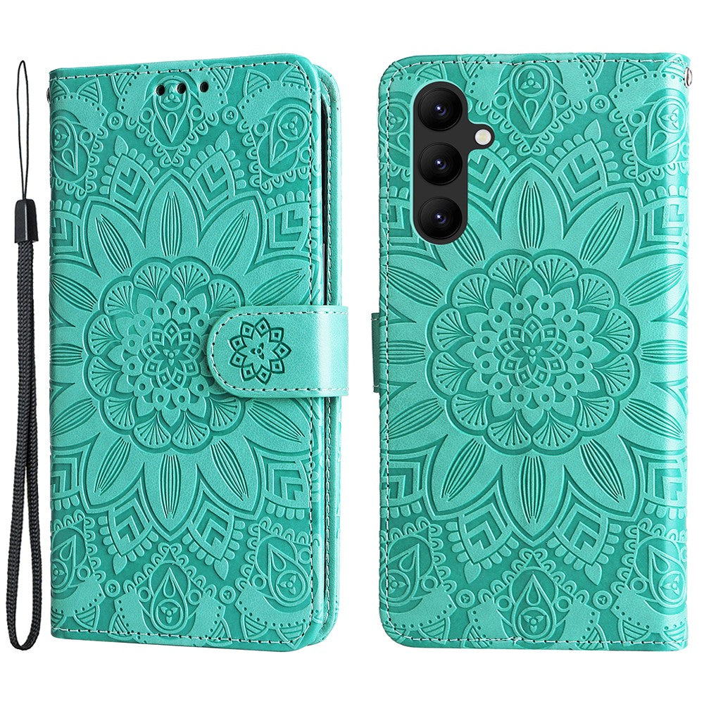 Leather Phone Case for Samsung Galaxy A24 4G (162.1 x 77.6 x 8.3mm) , Stand Wallet Sunflower Imprinted Cover with Hand Strap