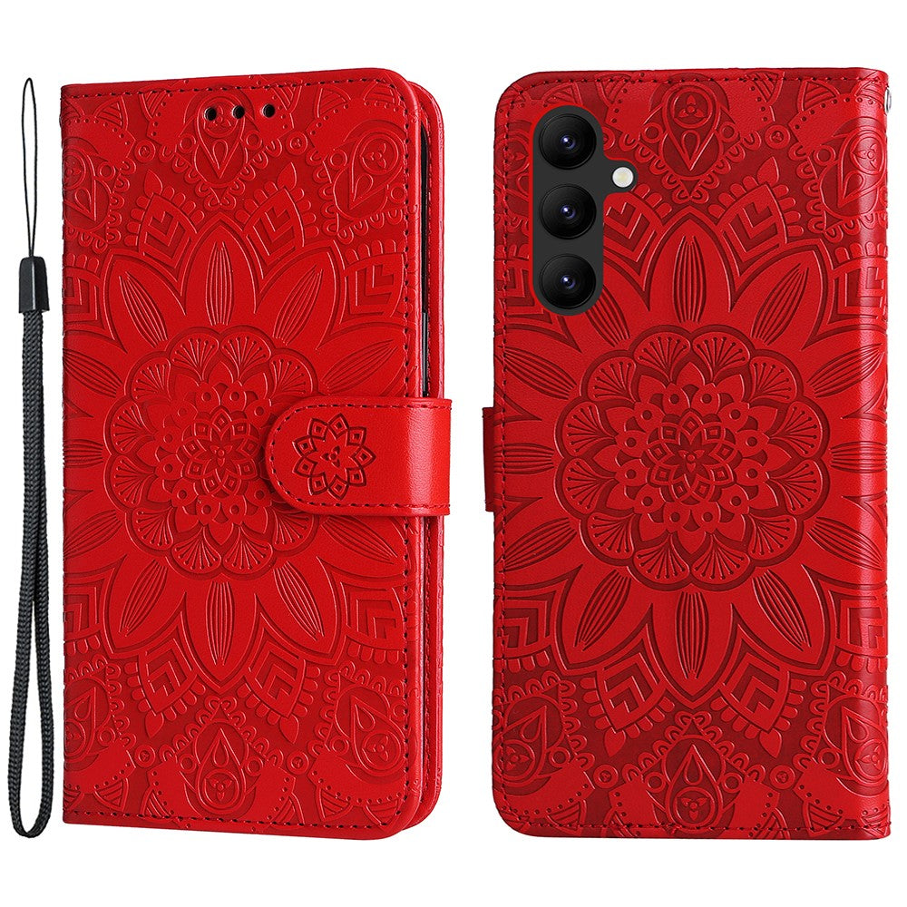 Leather Phone Case for Samsung Galaxy A24 4G (162.1 x 77.6 x 8.3mm) , Stand Wallet Sunflower Imprinted Cover with Hand Strap