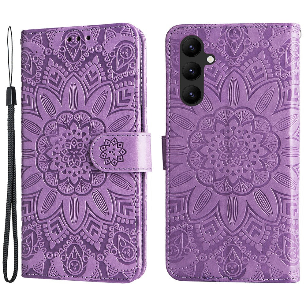Leather Phone Case for Samsung Galaxy A24 4G (162.1 x 77.6 x 8.3mm) , Stand Wallet Sunflower Imprinted Cover with Hand Strap