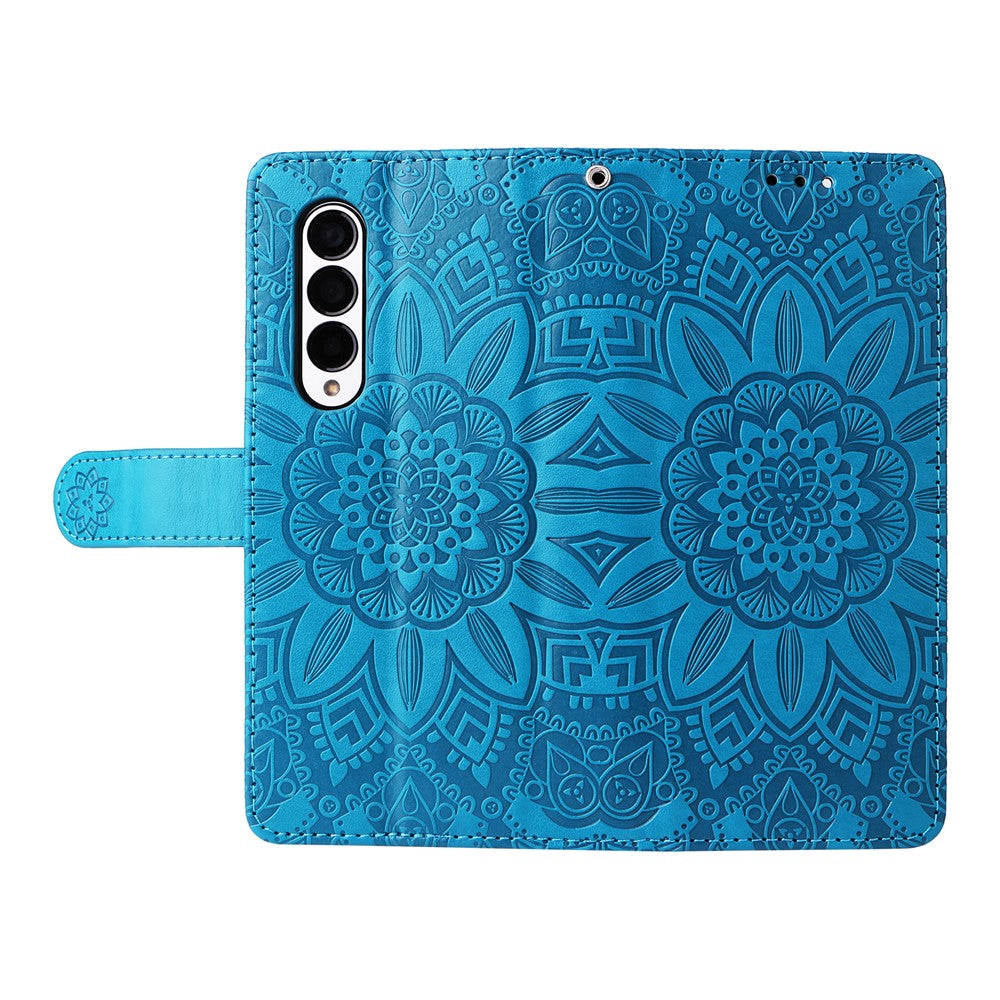 For Samsung Galaxy Z Fold3 5G Wallet Phone Case Stand Sunflower Imprinted Leather Folding Phone Cover with Strap
