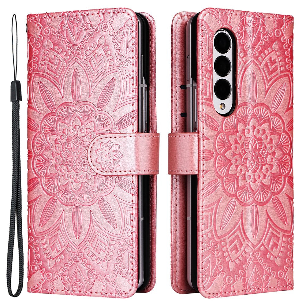 For Samsung Galaxy Z Fold3 5G Wallet Phone Case Stand Sunflower Imprinted Leather Folding Phone Cover with Strap
