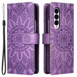 For Samsung Galaxy Z Fold3 5G Wallet Phone Case Stand Sunflower Imprinted Leather Folding Phone Cover with Strap