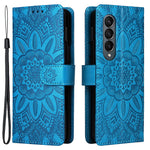 For Samsung Galaxy Z Fold4 5G Leather Stand Phone Case Sunflower Imprinted Wallet Folding Phone Cover with Strap