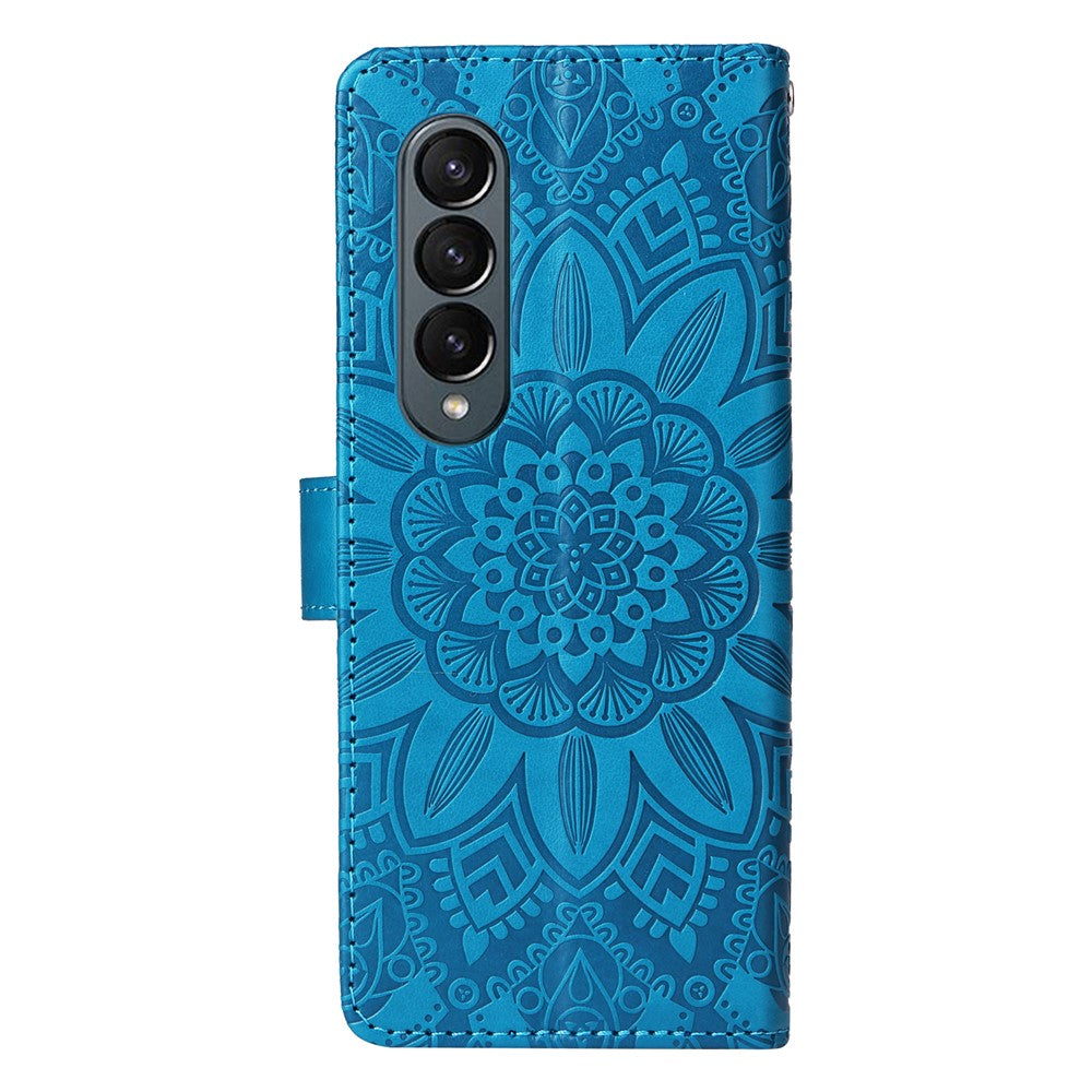 For Samsung Galaxy Z Fold4 5G Leather Stand Phone Case Sunflower Imprinted Wallet Folding Phone Cover with Strap