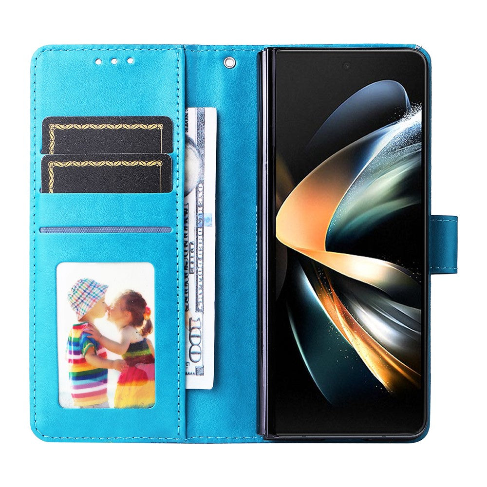 For Samsung Galaxy Z Fold4 5G Leather Stand Phone Case Sunflower Imprinted Wallet Folding Phone Cover with Strap