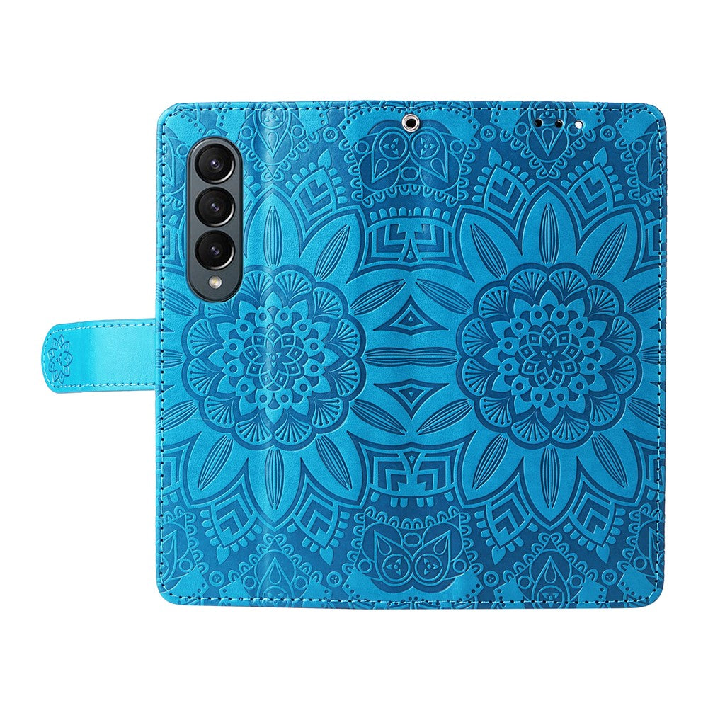 For Samsung Galaxy Z Fold4 5G Leather Stand Phone Case Sunflower Imprinted Wallet Folding Phone Cover with Strap