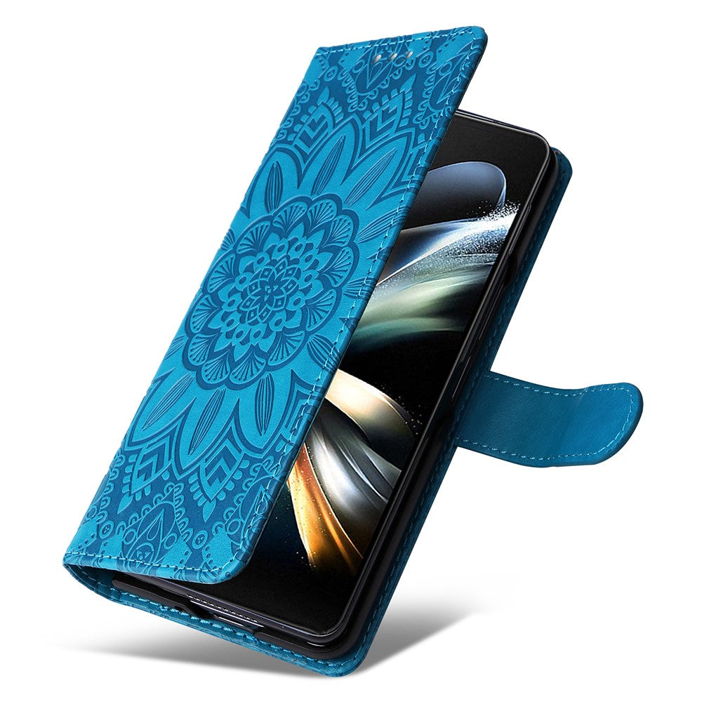 For Samsung Galaxy Z Fold4 5G Leather Stand Phone Case Sunflower Imprinted Wallet Folding Phone Cover with Strap