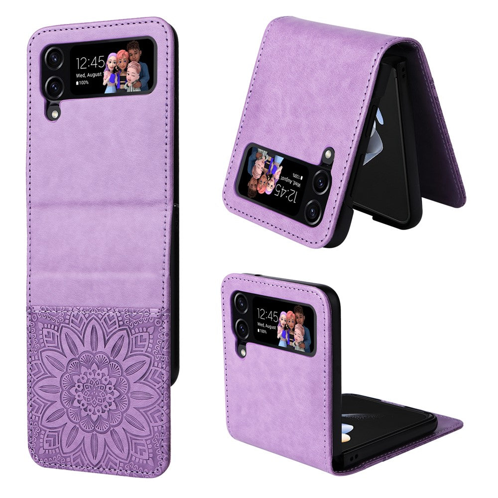 Samsung Galaxy Z Flip4 5G, vikbart läderfodral med solrostryck och korthållare