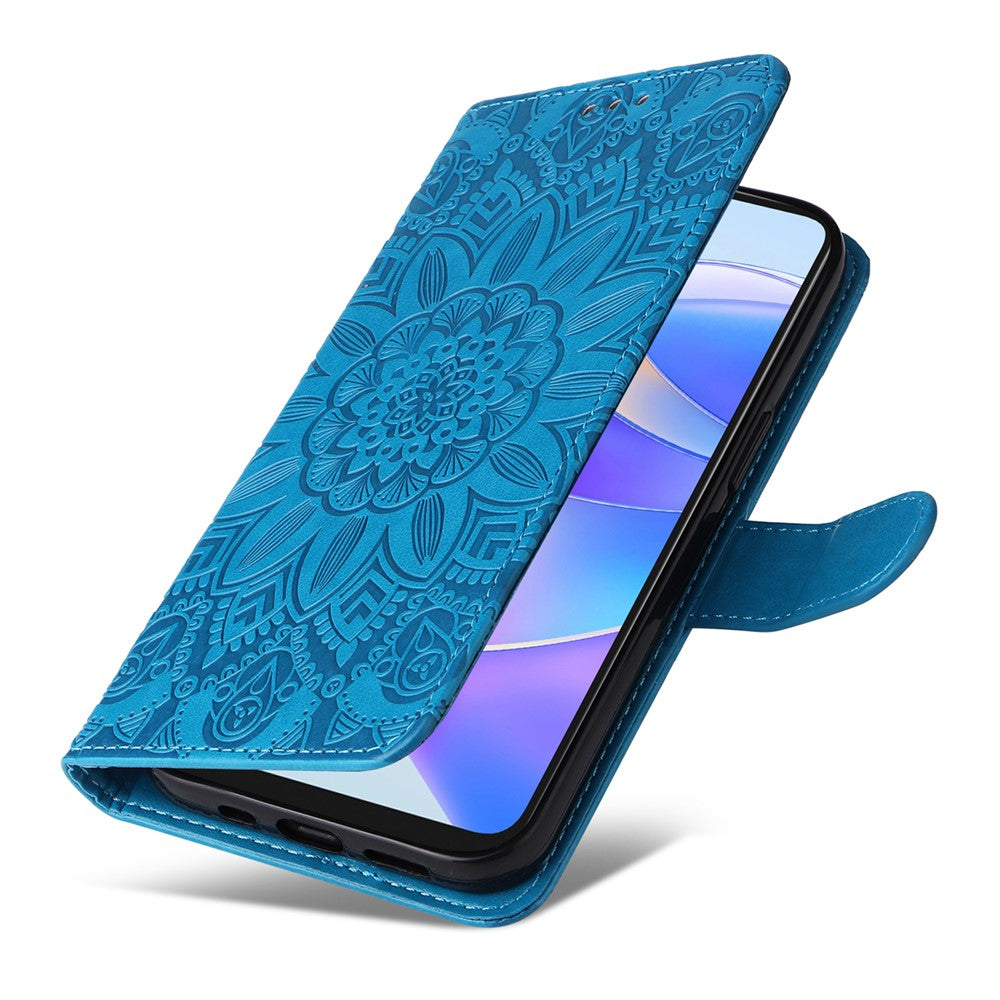 Telefonstativcover til Honor X7a 5G, PU læder pung-telefoncover med solsikkeprægning og håndrem
