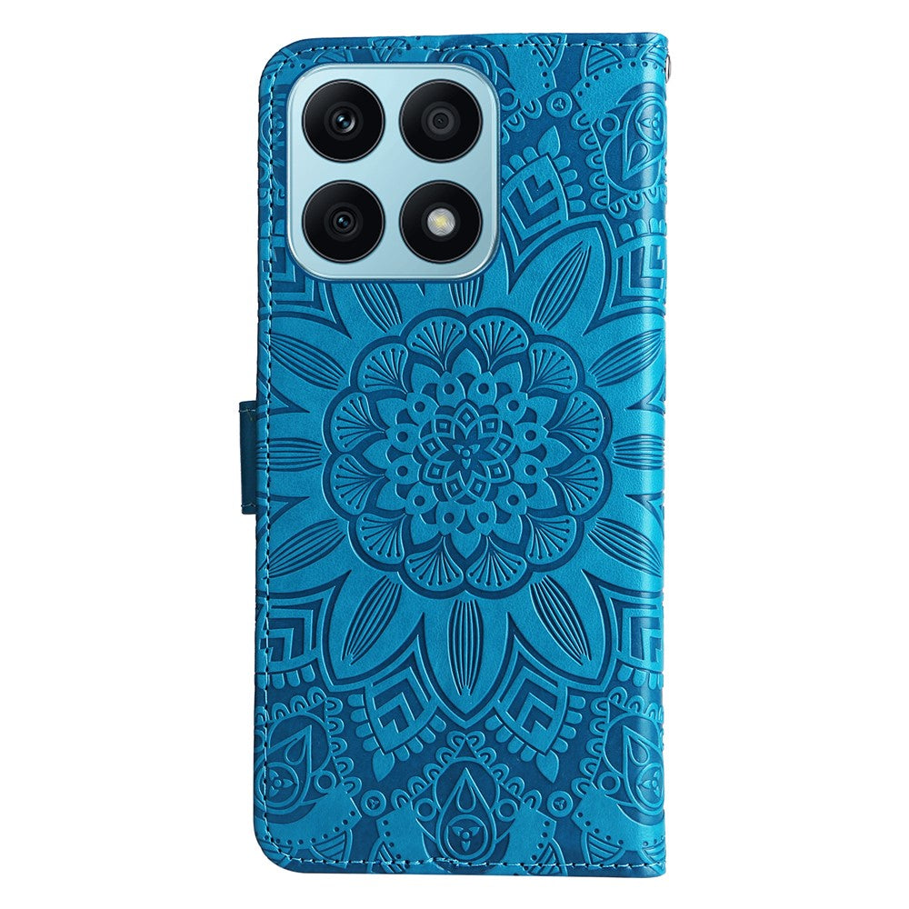 For Honor X8a 4G PU Leather Phone Wallet Case Stand Sunflower Imprinted Phone Cover with Hand Strap