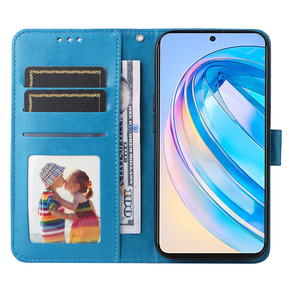 For Honor X8a 4G PU Leather Phone Wallet Case Stand Sunflower Imprinted Phone Cover with Hand Strap
