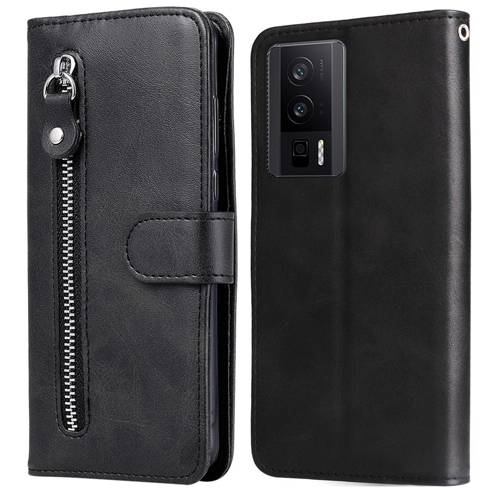 Xiaomi Poco F5 Pro 5G / Redmi K60 Pro 5G / K60 5G Blixtlåsficka mobilskal Kalvstruktur PU-läder Stativ Plånboksfodral
