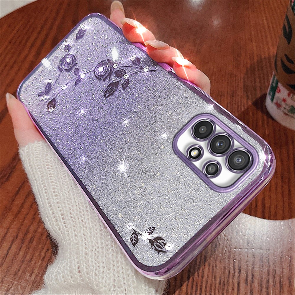 KADEM Slim-Fit-mobilcover med rhinstensdekor til Samsung Galaxy A33 5G, TPU-cover med gradientglitter og pudderblomst