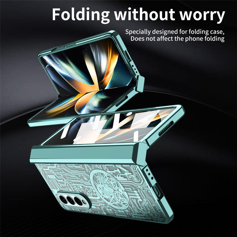 For Samsung Galaxy Z Fold4 5G Mechanical Legend Series Electroplating Phone Case Hard PC Shockproof Cover with Tempered Glass Film