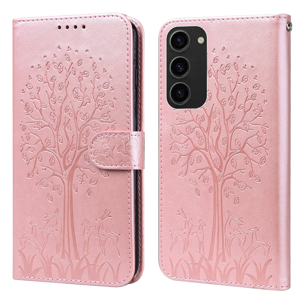 For Samsung Galaxy S23+ PU Leather Phone Case Deer Tree Pattern Wallet Stand Folio Cover