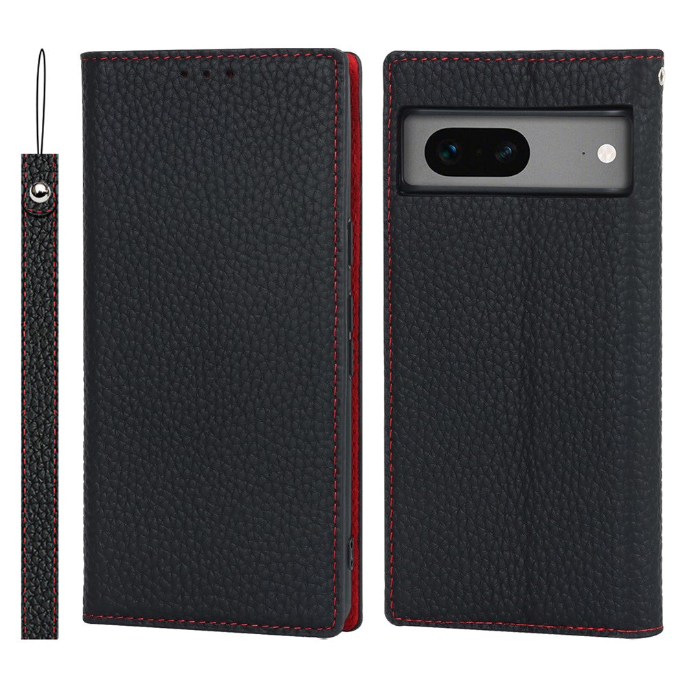 Telefoncover i ægte læder til Google Pixel 7a, smartphonecover i litchi-tekstur med pung og stander og rem