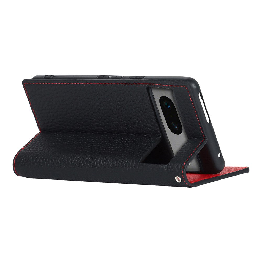 Telefoncover i ægte læder til Google Pixel 7a, smartphonecover i litchi-tekstur med pung og stander og rem