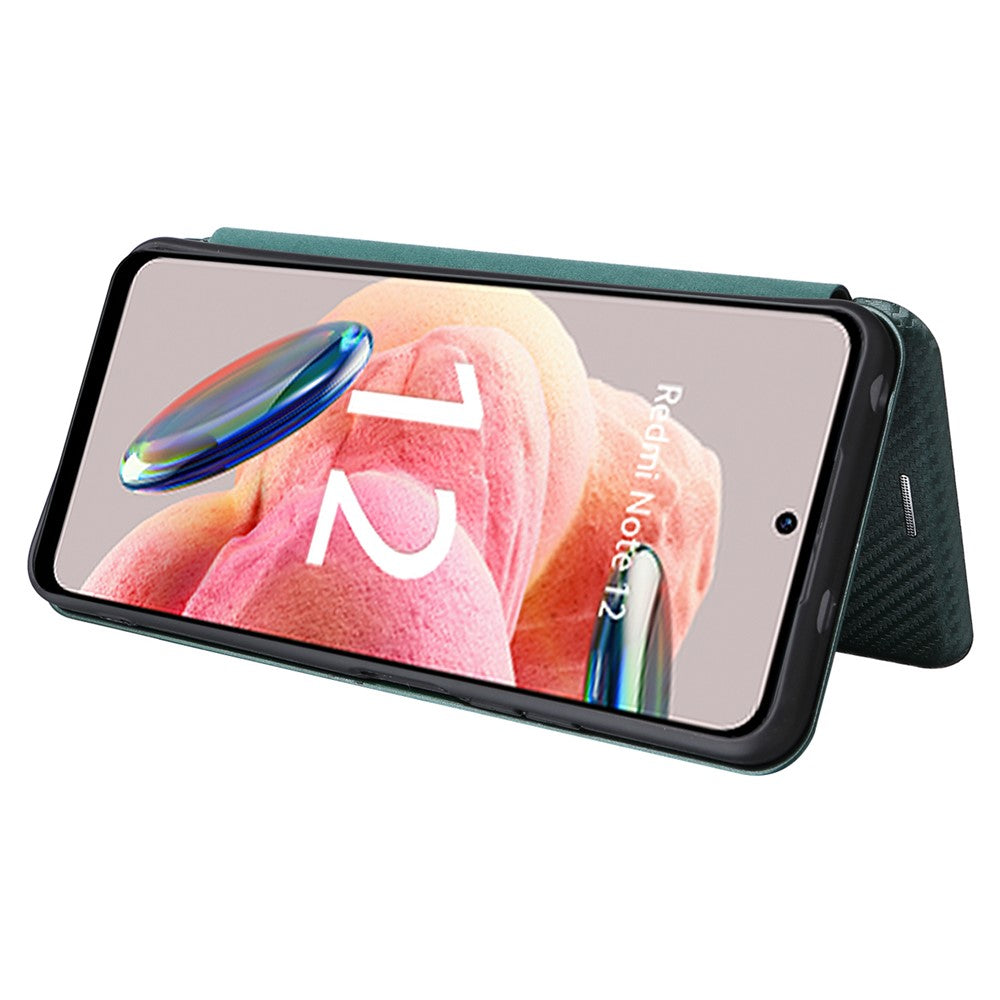 Xiaomi Redmi Note 12 4G PU-läder stativfodral kolfibertextur mobilskal med korthållare