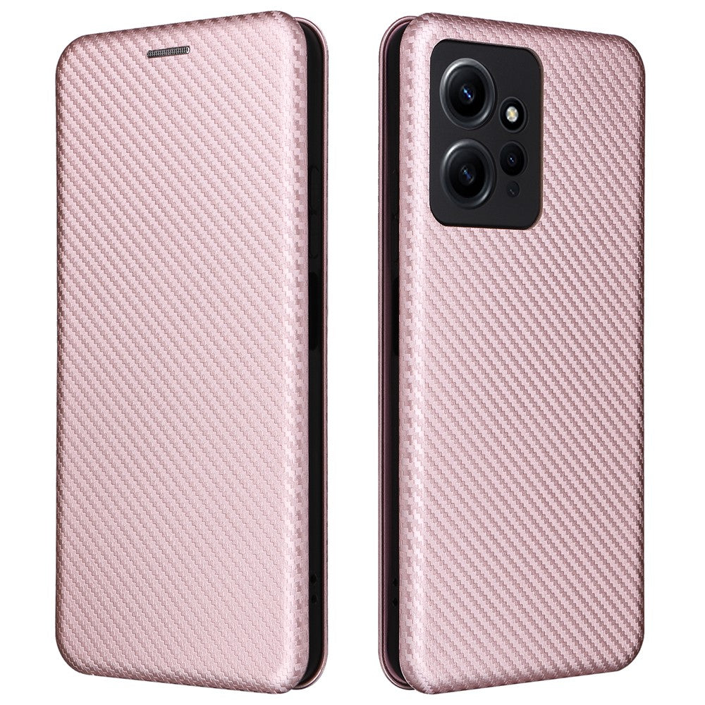 Xiaomi Redmi Note 12 4G PU-läder stativfodral kolfibertextur mobilskal med korthållare