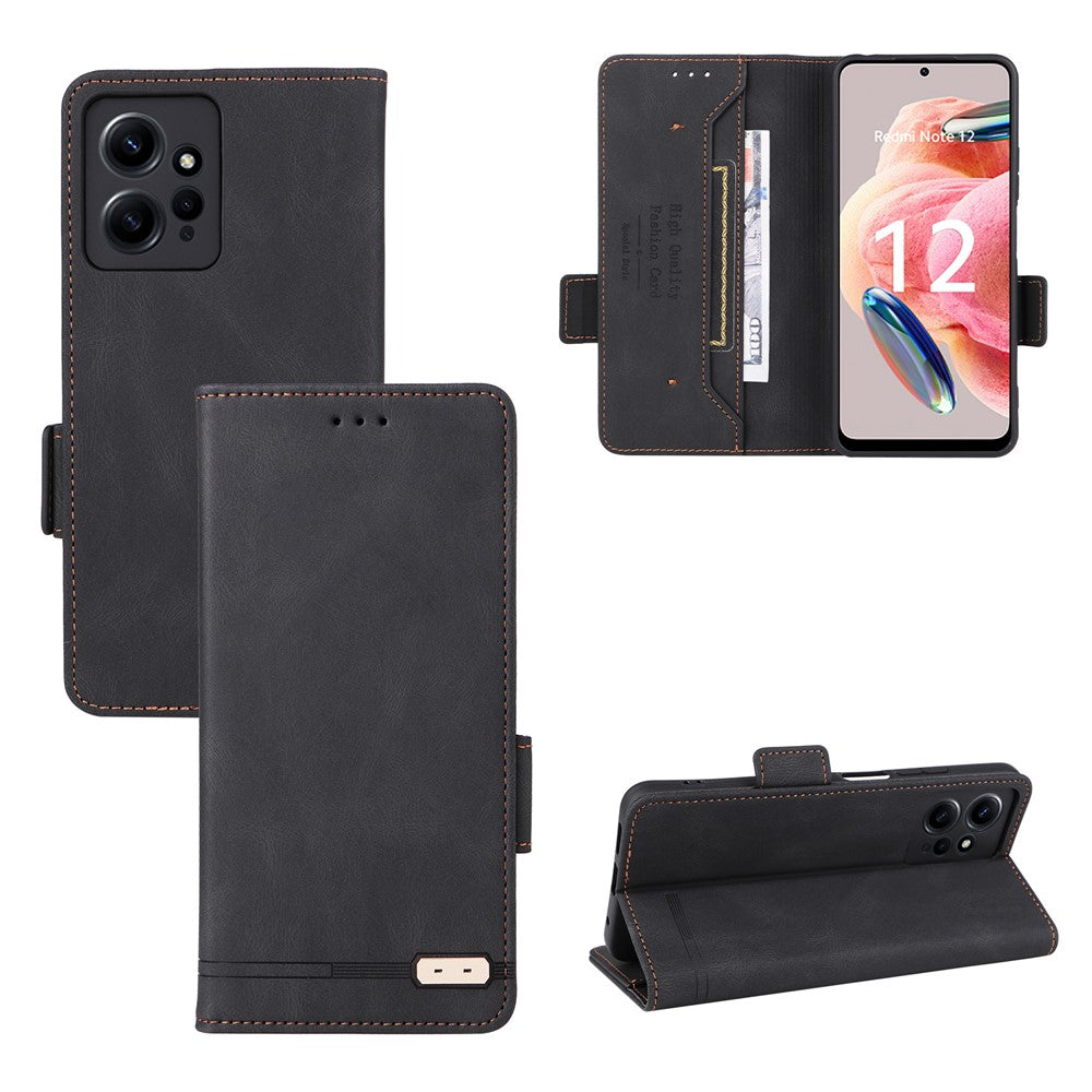 For Xiaomi Redmi Note 12 4G Hardware Decor Wallet Stand Cover Anti-scratch Magnetic PU Leather Anti-drop Case