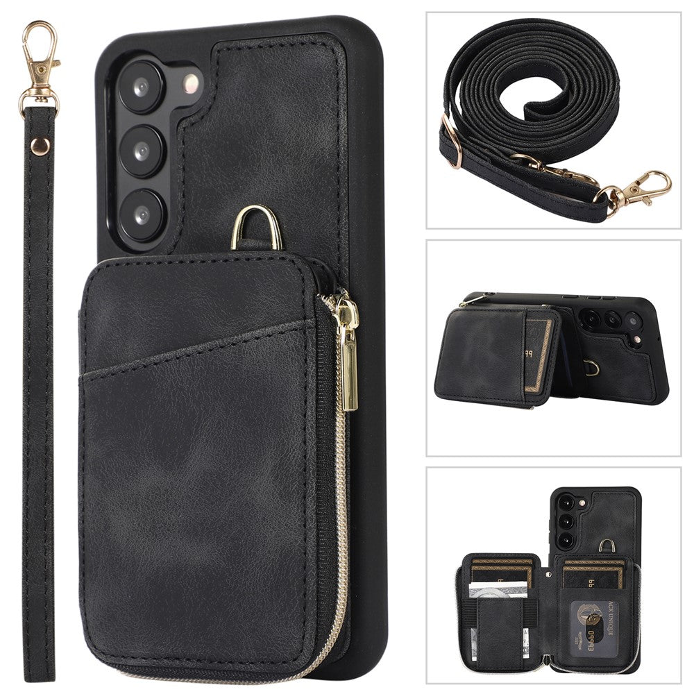 For Samsung Galaxy S23+ Zipper Card Holder Phone Case Leather Coated TPU Kickstand Cover with Straps