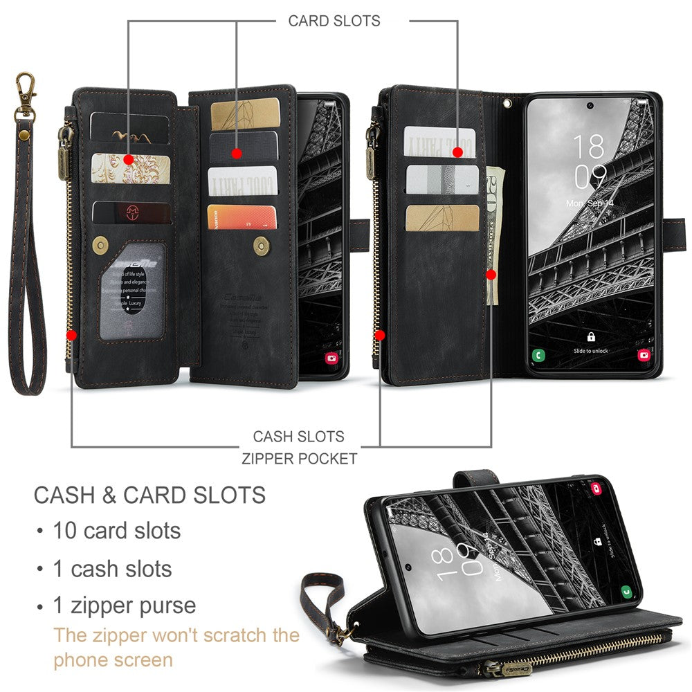 Samsung Galaxy S23 mobilskal med Rem CASEME C30 Dragkedja Flera Korthållare PU Läderfodral
