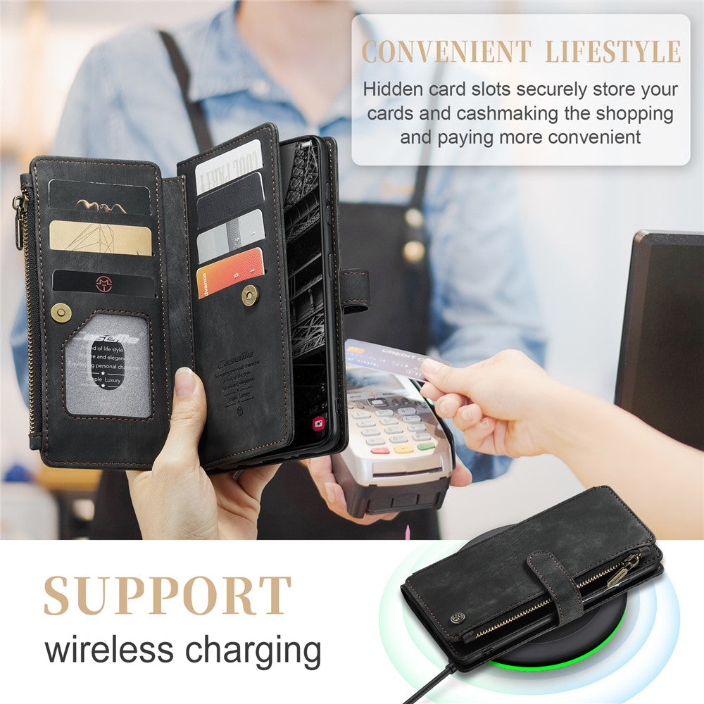 For Samsung Galaxy S23 Phone Cases with Strap CASEME C30 Zipper Multiple Card Holder PU Leather Cover
