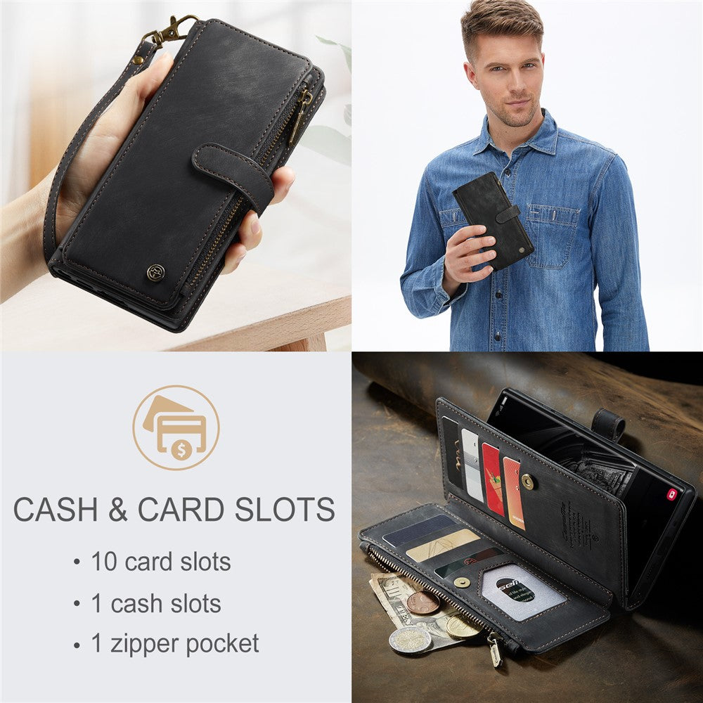 Til Samsung Galaxy S23 Ultra-telefonetuier med rem CASEME C30 lynlås, flere kortlommer, PU-lædercover