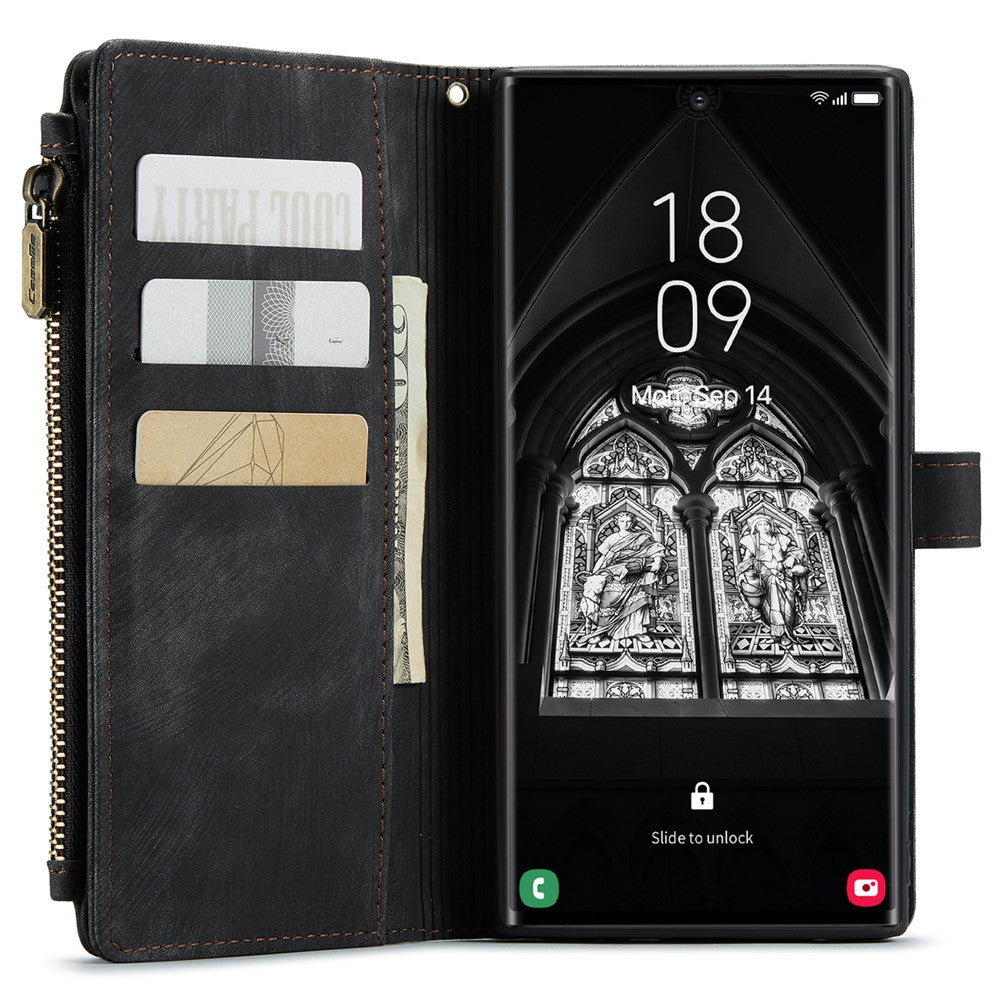 Til Samsung Galaxy S23 Ultra-telefonetuier med rem CASEME C30 lynlås, flere kortlommer, PU-lædercover