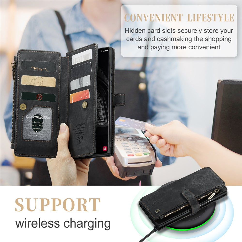 Til Samsung Galaxy S23 Ultra-telefonetuier med rem CASEME C30 lynlås, flere kortlommer, PU-lædercover