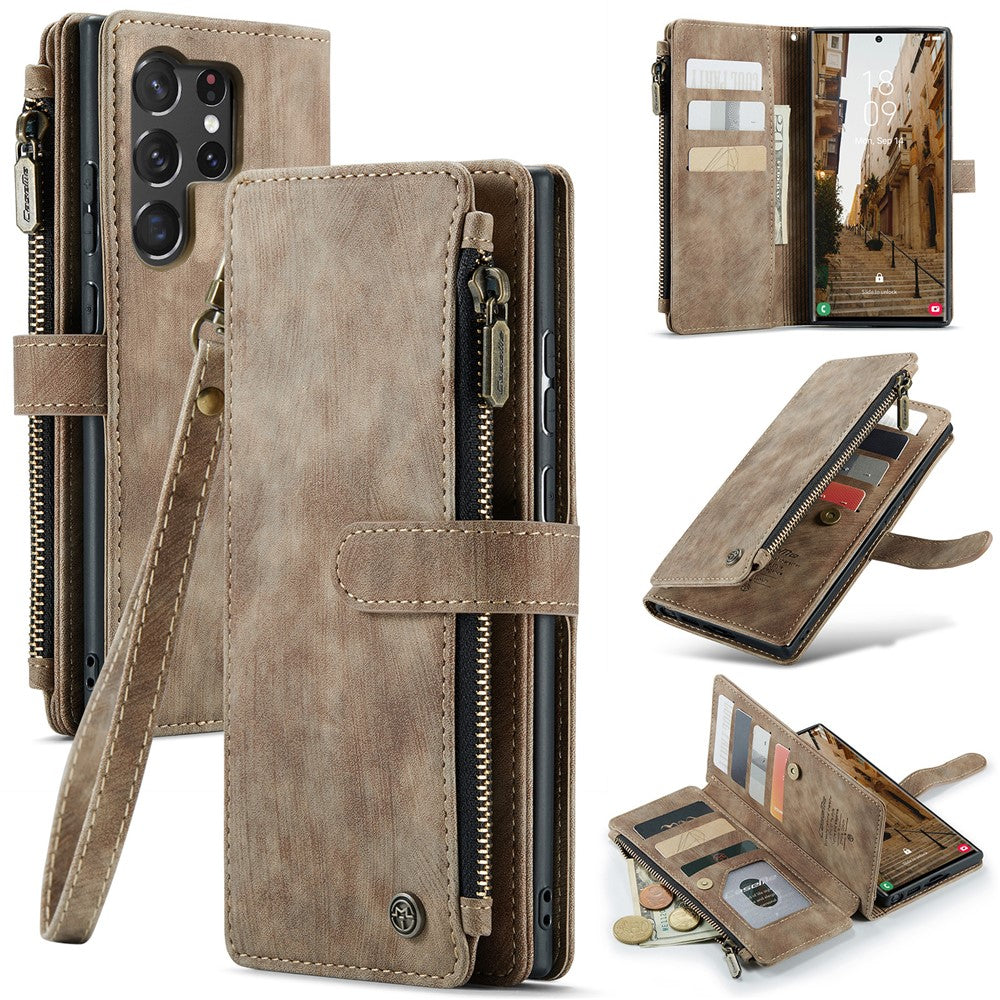 Til Samsung Galaxy S23 Ultra-telefonetuier med rem CASEME C30 lynlås, flere kortlommer, PU-lædercover