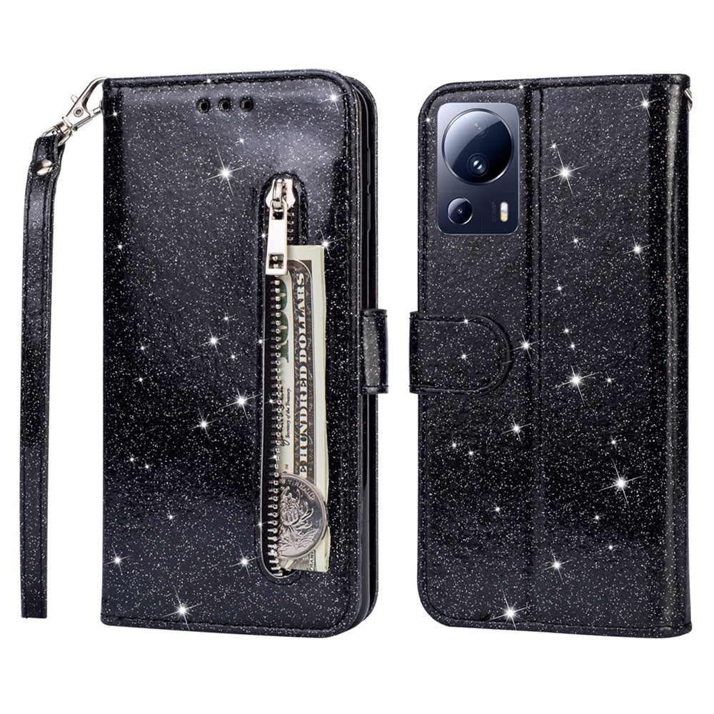 For Xiaomi 13 Lite / Civi 2 5G Glittery Leather Phone Stand Case Zippered Wallet Phone Cover