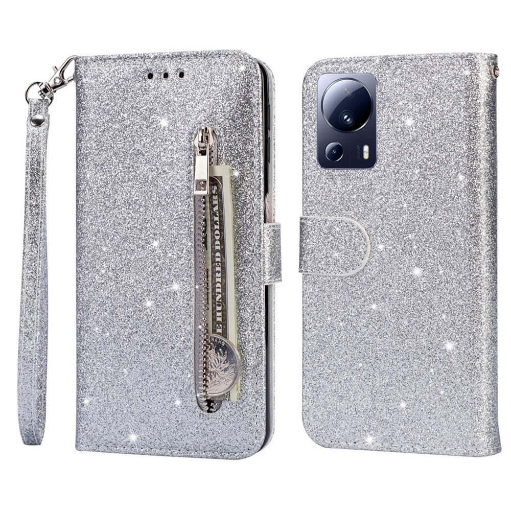 For Xiaomi 13 Lite / Civi 2 5G Glittery Leather Phone Stand Case Zippered Wallet Phone Cover