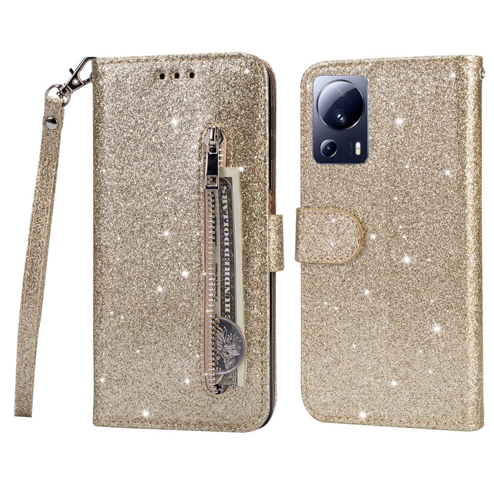 For Xiaomi 13 Lite / Civi 2 5G Glittery Leather Phone Stand Case Zippered Wallet Phone Cover