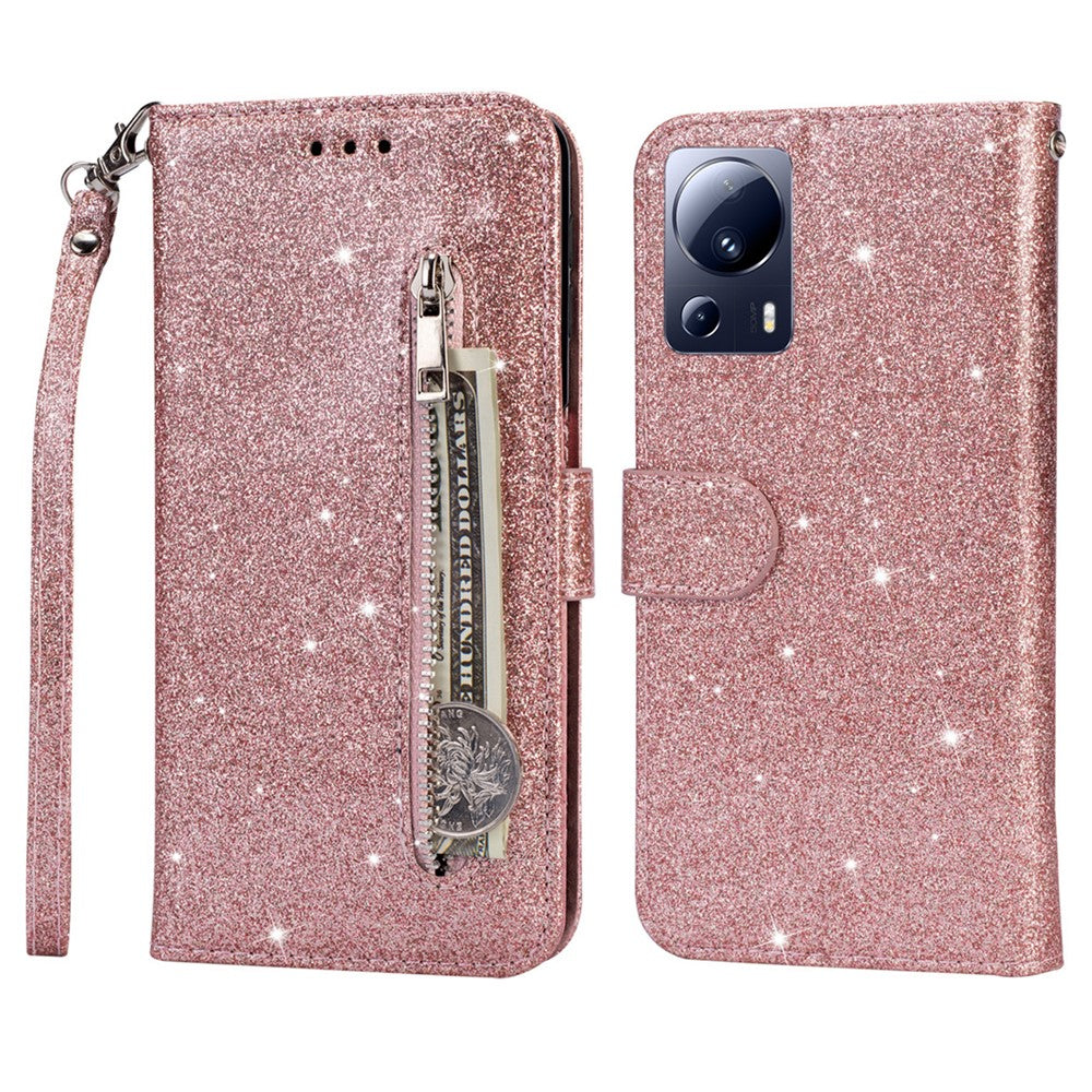 For Xiaomi 13 Lite / Civi 2 5G Glittery Leather Phone Stand Case Zippered Wallet Phone Cover