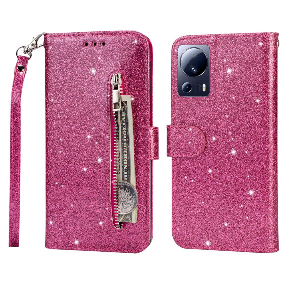 For Xiaomi 13 Lite / Civi 2 5G Glittery Leather Phone Stand Case Zippered Wallet Phone Cover