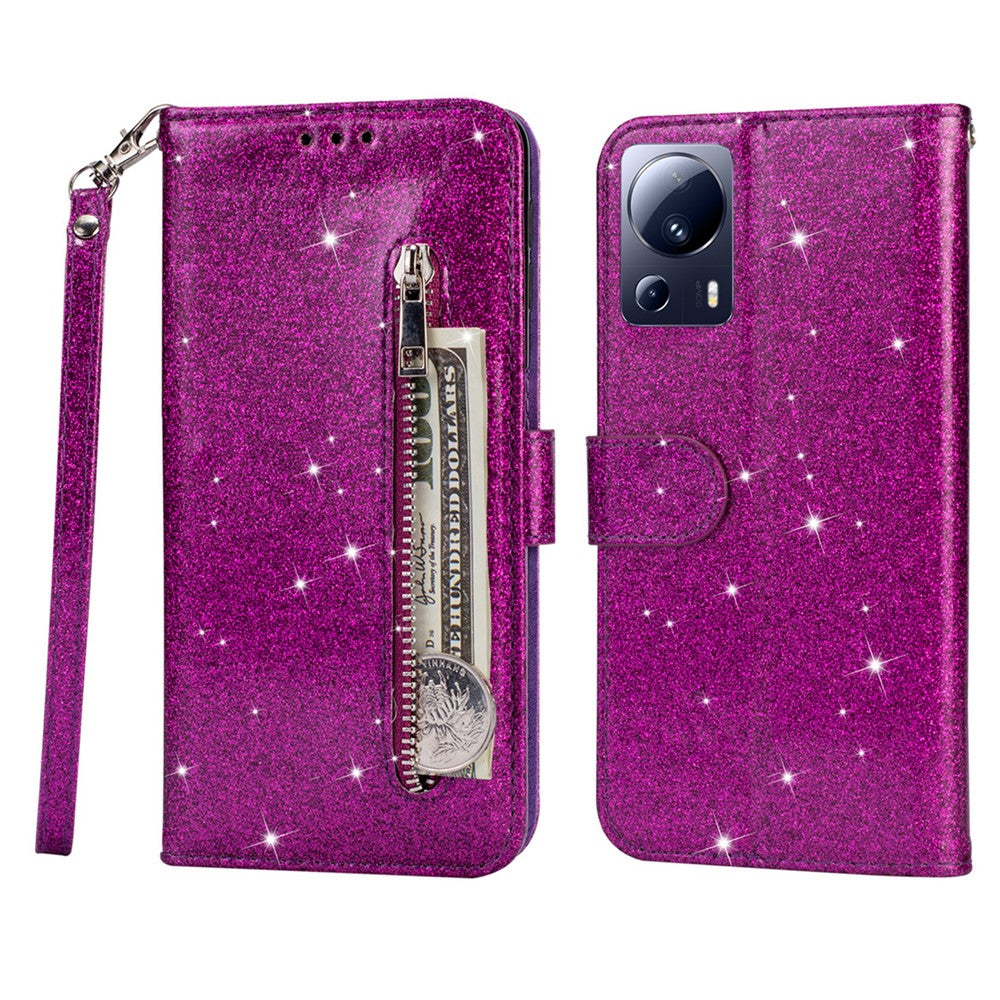 For Xiaomi 13 Lite / Civi 2 5G Glittery Leather Phone Stand Case Zippered Wallet Phone Cover