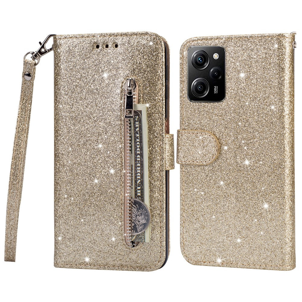 For Xiaomi Poco X5 Pro 5G / Redmi Note 12 Pro Speed 5G / Note 12 Pro 5G Glittery Phone Case PU Leather Zippered Wallet Cover