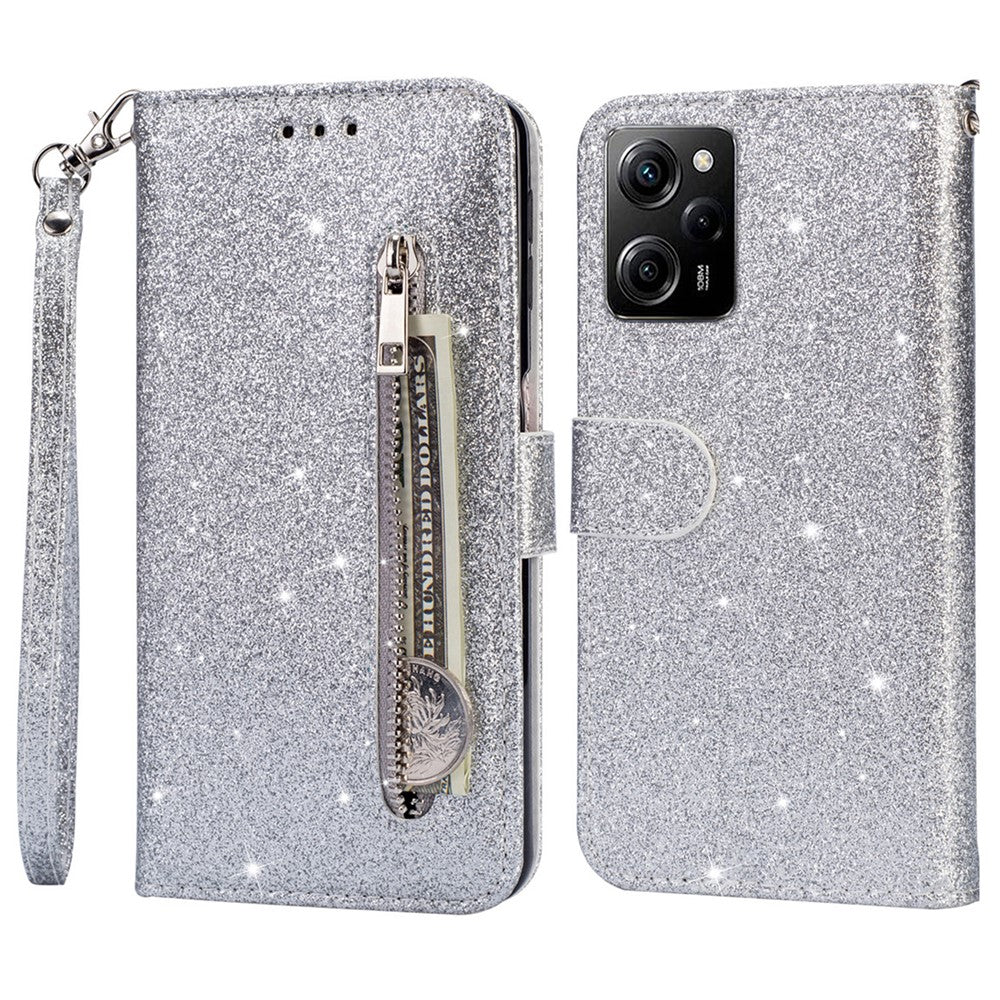 For Xiaomi Poco X5 Pro 5G / Redmi Note 12 Pro Speed 5G / Note 12 Pro 5G Glittery Phone Case PU Leather Zippered Wallet Cover