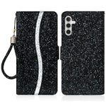 For Samsung Galaxy A24 4G (162.1 x 77.6 x 8.3mm) Glitter Sparkle Splicing Phone Case PU Leather Stand Wallet Cover with Strap