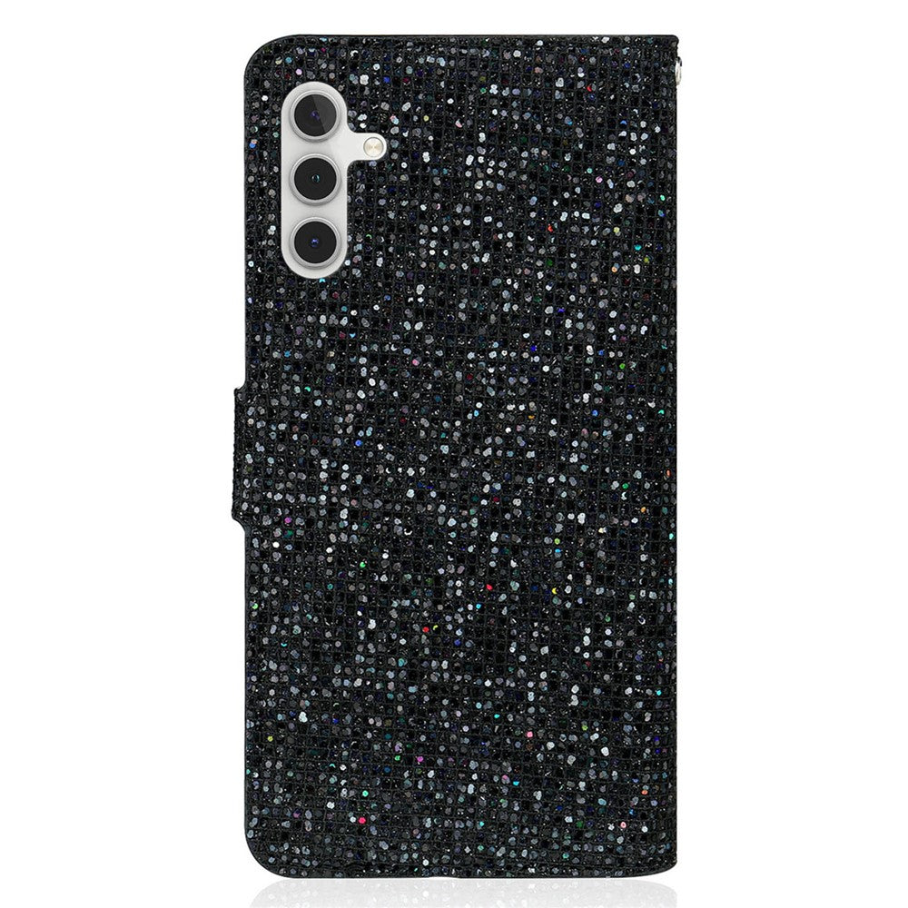 For Samsung Galaxy A24 4G (162.1 x 77.6 x 8.3mm) Glitter Sparkle Splicing Phone Case PU Leather Stand Wallet Cover with Strap