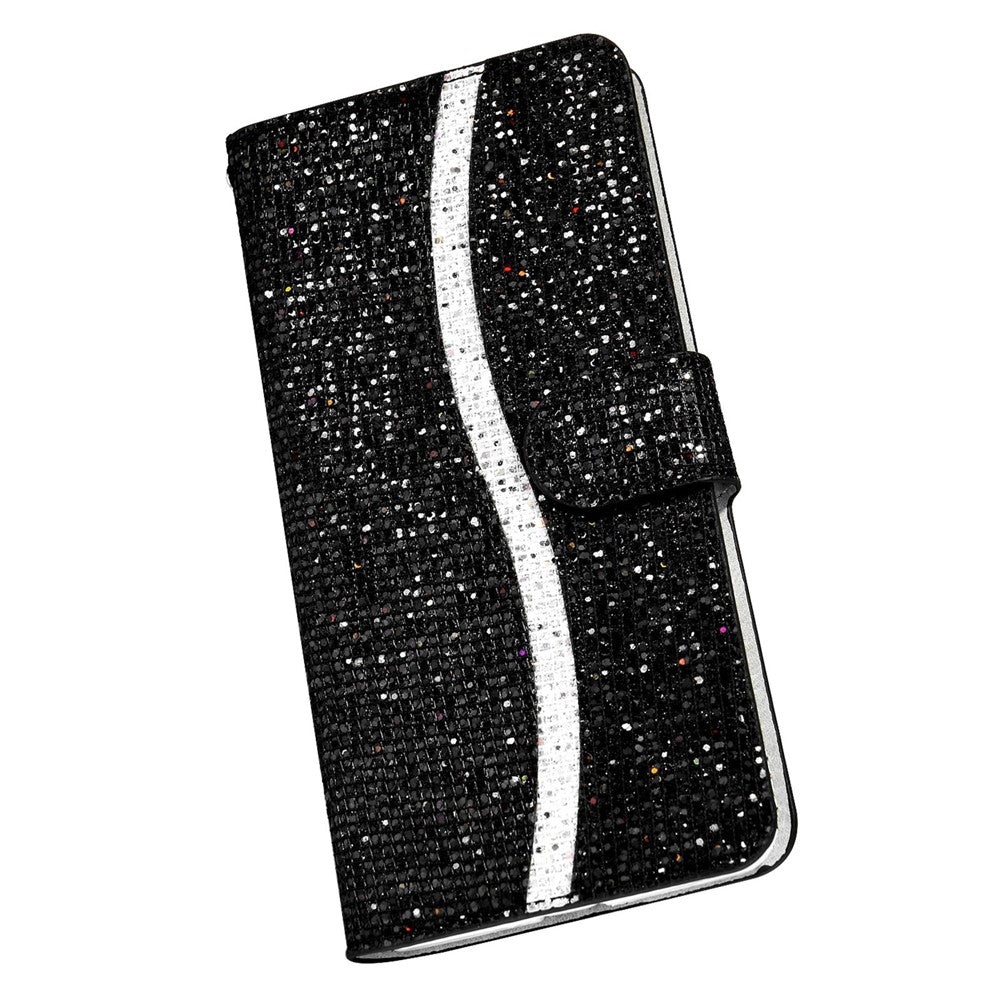 For Samsung Galaxy A24 4G (162.1 x 77.6 x 8.3mm) Glitter Sparkle Splicing Phone Case PU Leather Stand Wallet Cover with Strap