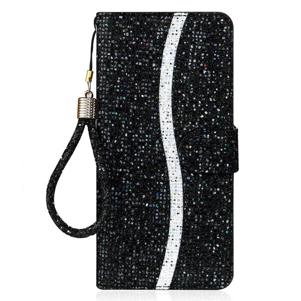 For Samsung Galaxy A24 4G (162.1 x 77.6 x 8.3mm) Glitter Sparkle Splicing Phone Case PU Leather Stand Wallet Cover with Strap