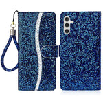 For Samsung Galaxy A24 4G (162.1 x 77.6 x 8.3mm) Glitter Sparkle Splicing Phone Case PU Leather Stand Wallet Cover with Strap