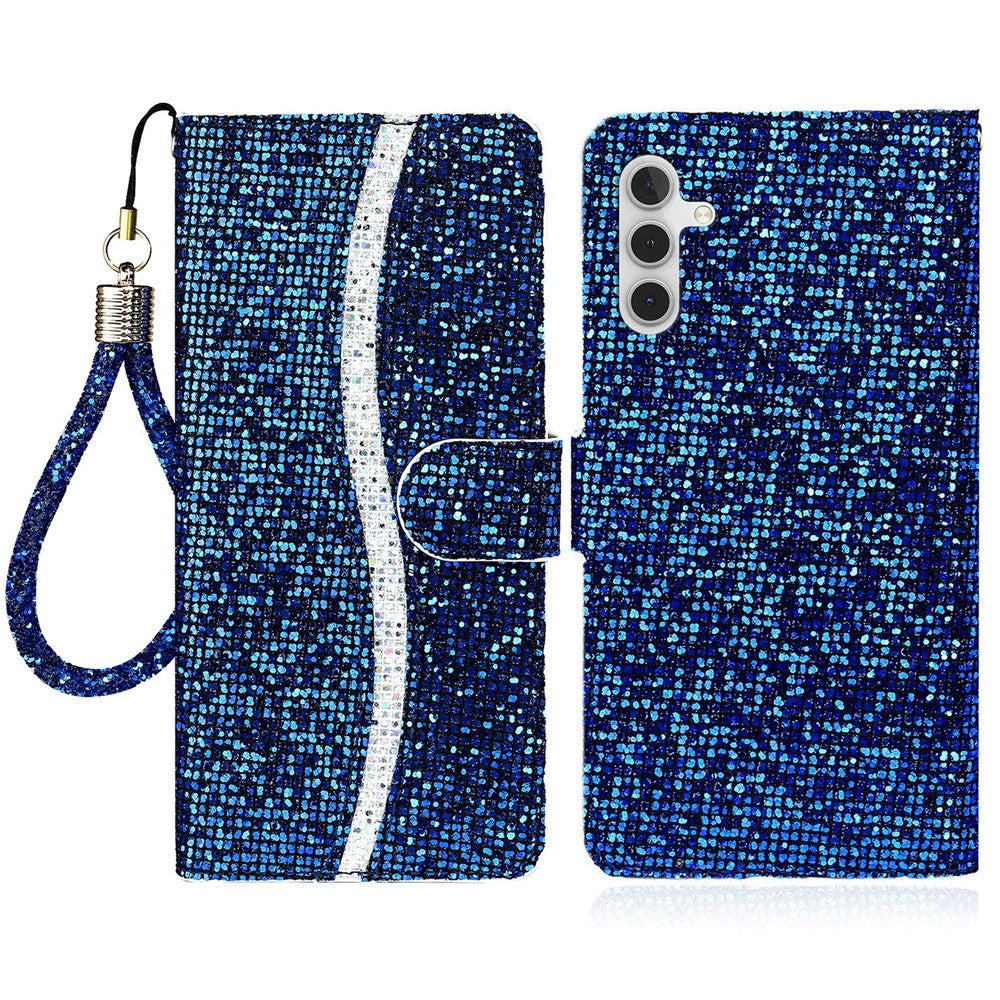 For Samsung Galaxy A24 4G (162.1 x 77.6 x 8.3mm) Glitter Sparkle Splicing Phone Case PU Leather Stand Wallet Cover with Strap