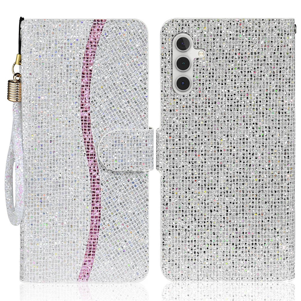 For Samsung Galaxy A24 4G (162.1 x 77.6 x 8.3mm) Glitter Sparkle Splicing Phone Case PU Leather Stand Wallet Cover with Strap